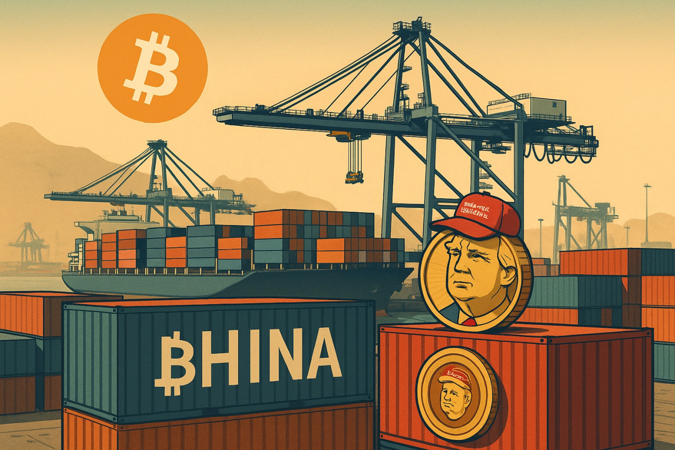Китайский грузовой порт с контейнерами, украшенными логотипами Bitcoin и TRUMP, символизирующий инвестиции Addentax в криптовалюты.