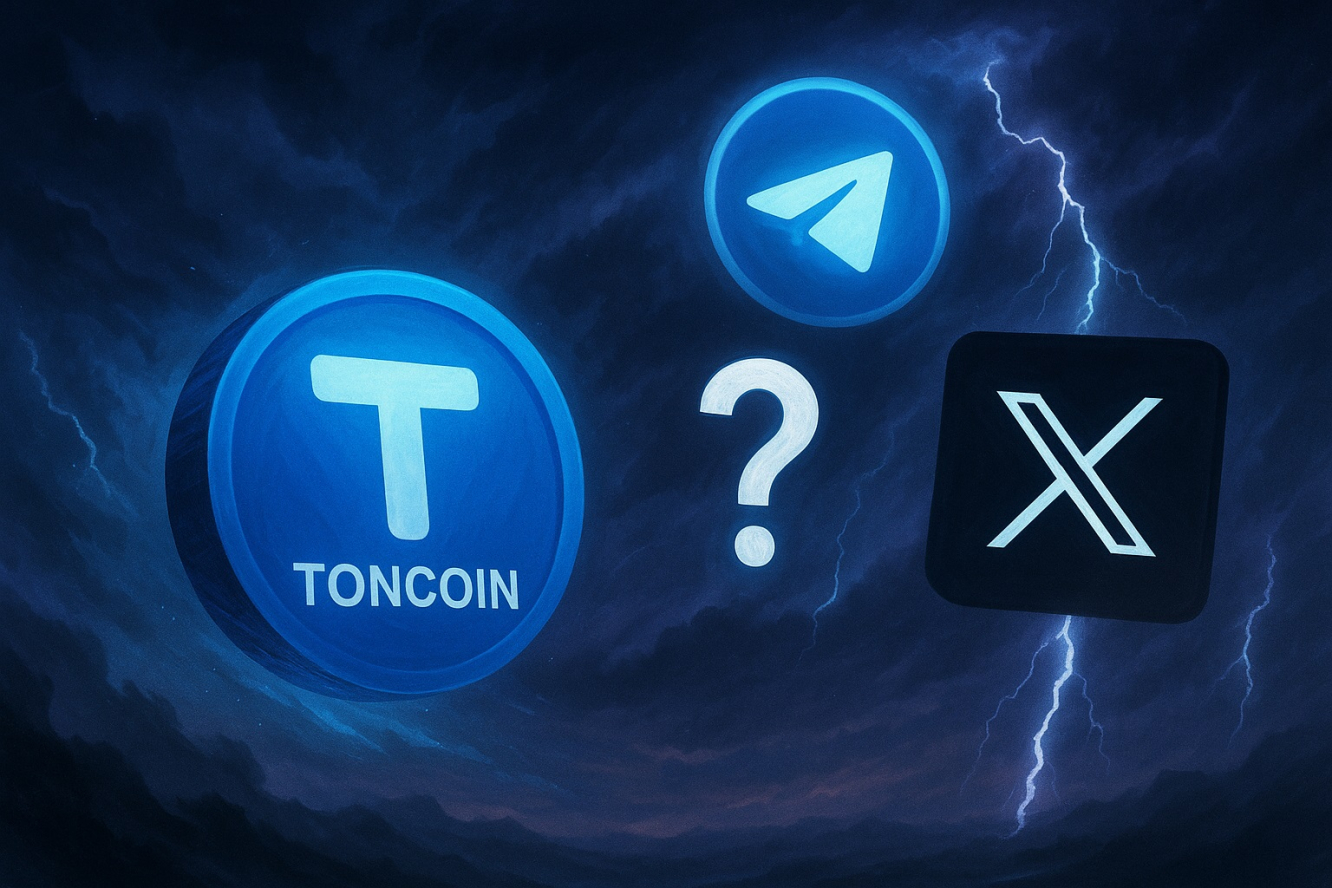 Логотип Toncoin на фоне Telegram и X, разделённый молнией — визуализация конфликта вокруг интеграции с Grok AI