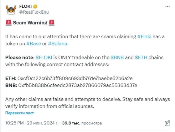 Мошенники заявили о выпуске токенов Floki в сетях Solana и Base