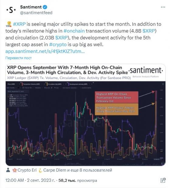 Аналитики Santiment отметили достижение нескольких максимумов в сети XRP