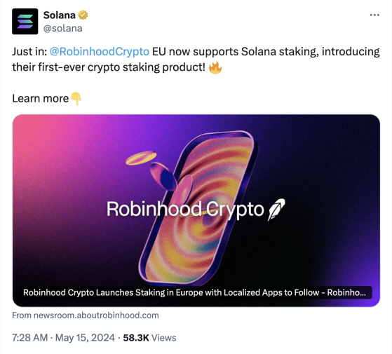 Robinhood запуска стейкинг SOL на европейских рынках