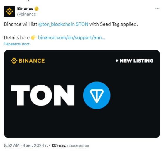 TON вырос на 12% после заявления Binance о начале торгов токеном