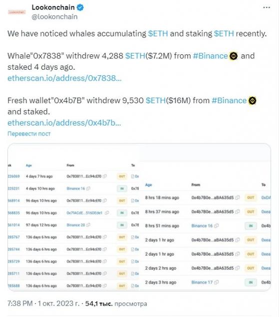 Криптокиты вывели с Binance огромное количества ETH на стейкинг