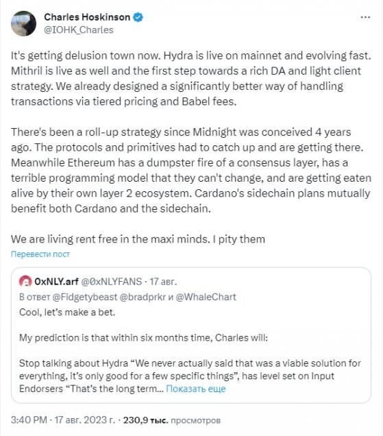 Критику Ethereum Чарльзу Хоскинсону пророчат крах проектов в Cardano