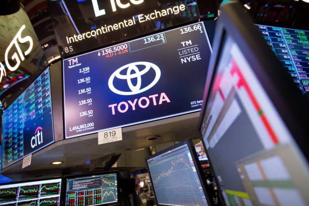 Monitor displays Toyota Motor Corp. Signage on the floor of the New York Stock Exchange in New York, U.S., on Friday, May 18, 2018. U.S. Stocks...