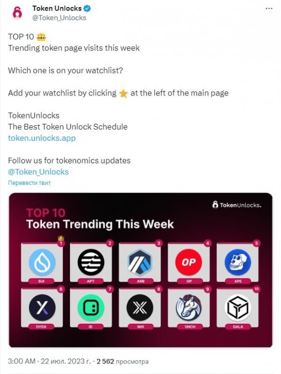 В Token Unlocks составили топ-10 самых популярных токенов
