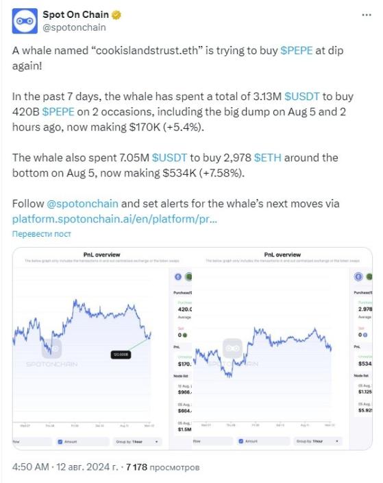 Криптокит приобрёл немалое количество PEPE и ETH на падении