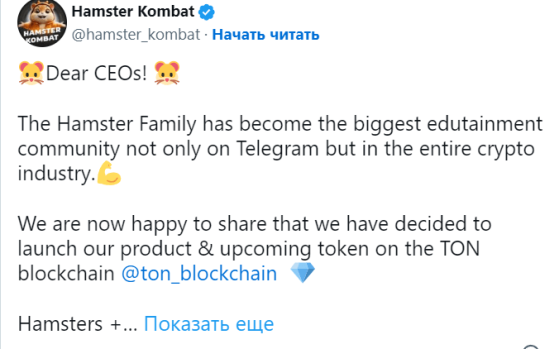 Команда Telegram-игры Hamster Combat готовит запуск токен в сети TON